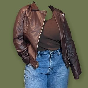 Deep Maroon Faux Leather Moto Jacket by “New Look”